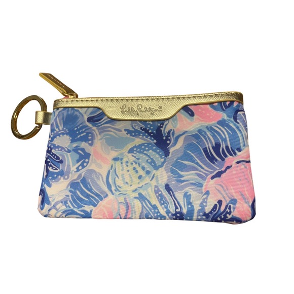Lilly Pulitzer Accessories - Lilly Pulitzer ID Case Keychain Pouch Blue Pink Shell Print Gold Trim Zip Wallet